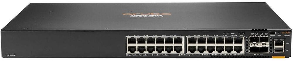 HPE Aruba 6200F 24G Class4 PoE 4SFP+ 370W Switch - Interruptor - Distância Máxima de Empilhamento de 10 km - L3 - Administrado - 24 x 10/100/1000 (PoE+) + 4 x 1 Gigabit/ 10 Gigabit SFP+ (ligação ascendente) - montável em trilho - PoE+ (370 W) JL725B#ABB