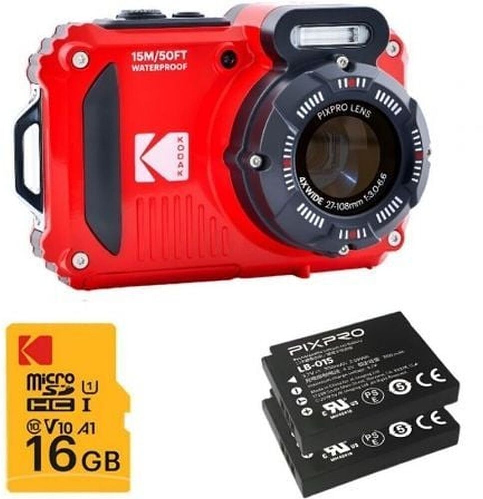 Pack Câmara Digital Kodak Pixpro WPZ2RD6 + 2 Baterias + 1 MicroSD/ 16MP/ Zoom Ótico 4x/ Vermelho