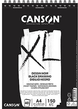 Canson XL Preto Bloc de 40 Folhas A4 150g - Grano Fino - Espiral Microperfurado - Cor Preta