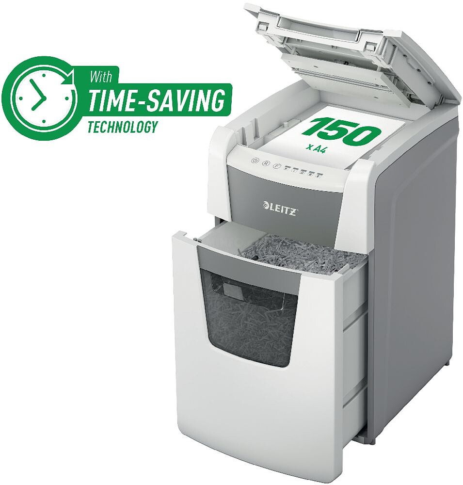 Leitz IQ 150 Autoalimentação P4 Trituradora Automática de Papel Corte em Partículas P-4 - Autoalimentação 150 Folhas, Manual 8 Folhas - Cesto de 44L - Cor Branca 80130000
