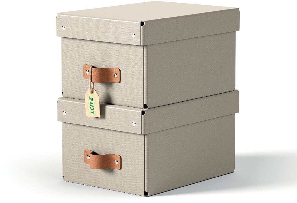 Caixa de armazenagem leitz cartao pequena com asa de imitacao de pele cor bege pack de 2 unidades Caixa de armazenagem leitz cartao pequena com asa de imitacao de pele cor bege pack de 2 unidades 61470012