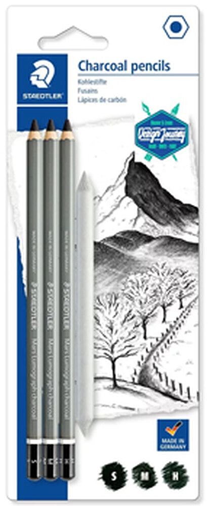Staedtler Mars Lumograph Carvão 100C Pack de 3 Lápis de Grafite + Difusor - Alta Proporção de Carvão e Carvão - Graduações Sortidas SBK4