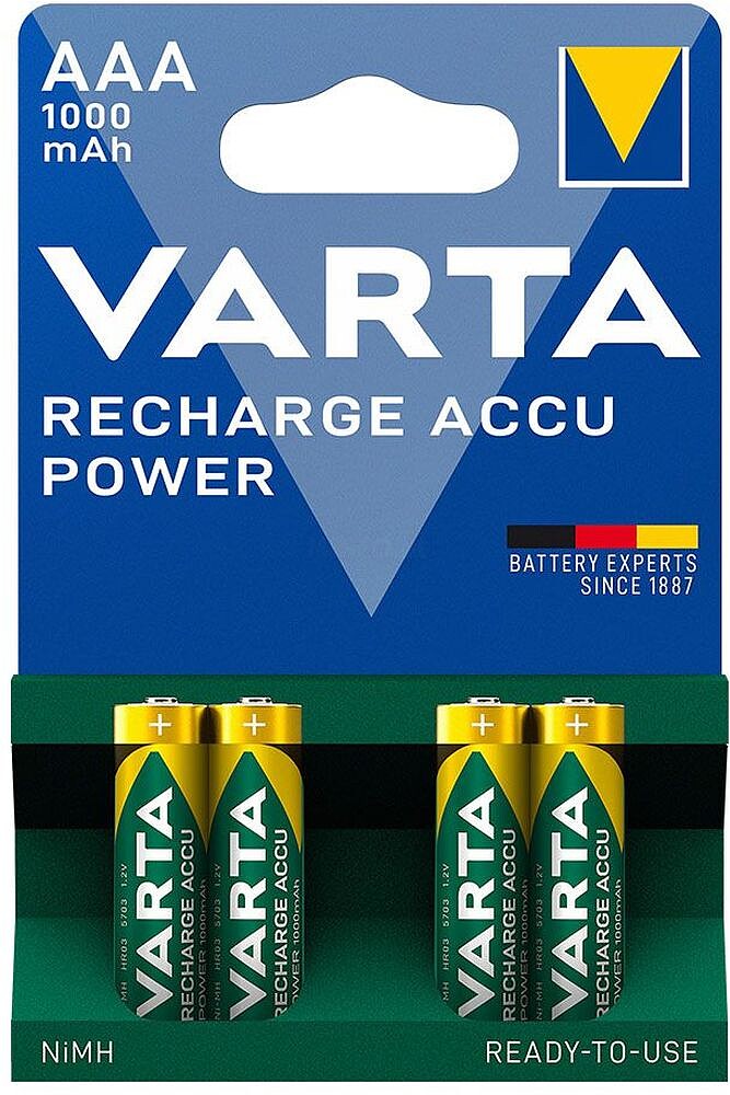 Pilha Varta Recargável Accu Power Aaa LR03 1000mAh Embalagem 4 Unidades