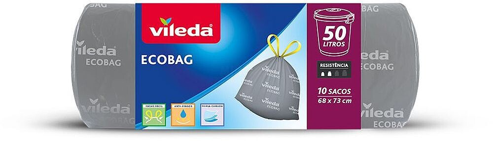 Sacos de Lixo VILEDA ECOBAG 50 L (10 UN), com fecho fácil e sistema anti-gotas 151988