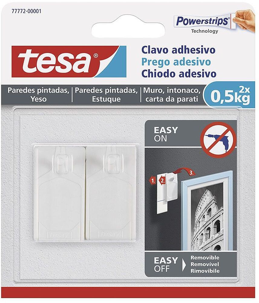 Pregador Autoadesivo Tesa Fixação Até 0,5 KG Uso Paredes Pintadas Removível, Blister de 2 Unidades 77772-00001-00