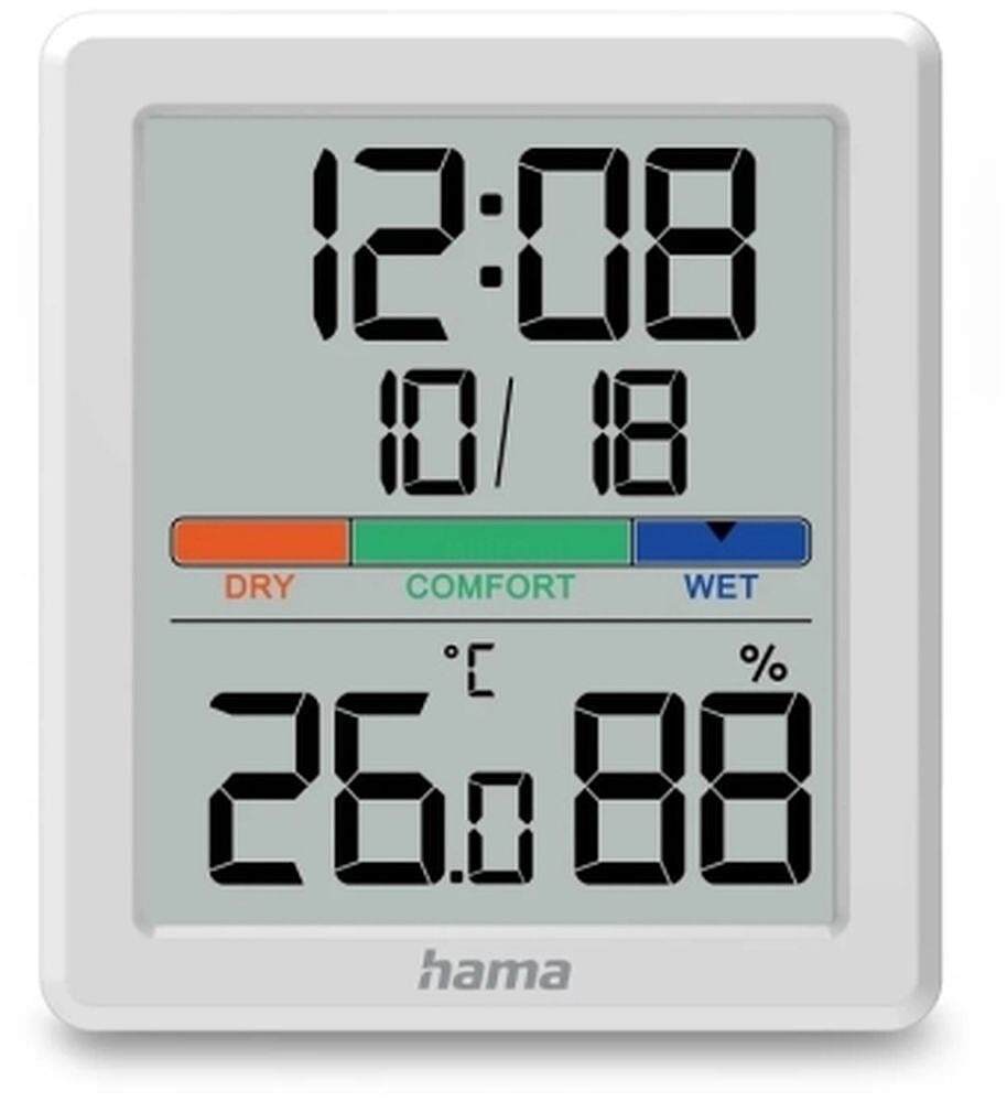 Hama Paros Medidor de Temperatura e Humidade para Interior - Ecrã Digital - Relógio - Precisão 1ºC - Indicador de Conforto - Permite Pendurar na Parede - 8.5x1.8x9.5cm - Cor Branca HA00185892