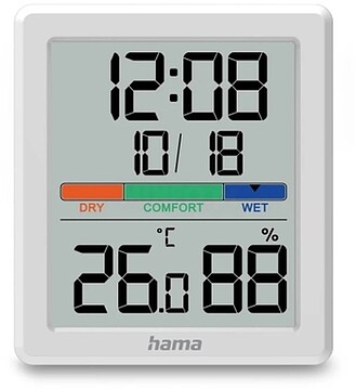 Hama Paros Medidor de Temperatura e Humidade para Interior - Ecrã Digital - Relógio - Precisão 1ºC - Indicador de Conforto - Permite Pendurar na Parede - 8.5x1.8x9.5cm - Cor Branca HA00185892