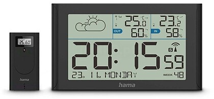 Hama Sylt Estação Meteorológica - Relógio - Previsão Meteorológica - Sensor Exterior - Radiofrequência - Termómetro - Higrómetro - 25x3x14cm - Cor Preto HA00222216