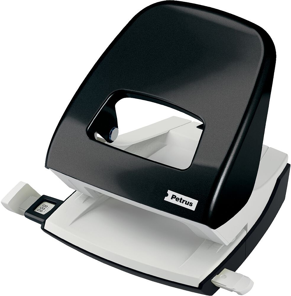 Petrus 62 Taladro Perforador 2 Oríficios - Até 30 Folhas - Esvaziamento Fácil - Formato A4, A5, A6, Folho, US-Quart, 8 x 8 x 8 cm - Punções 5,5mm 623356