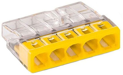 G-63143 : 63143 CONECTOR RÁPIDO 5 CONDUTORES RÍGIDOS, Ø MÁXIMO 2,5 mm², TRANSPARENTE/ AMARELO