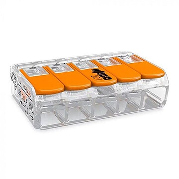 G-63135 : 63135 CONECTOR RÁPIDO COM ALA VANTA 5 CONDUTORES, Ø MÁXIMO 4 mm², 450 V, 32 A; TRANSPARENTE; 30 x 18,6 x 8,4 mm