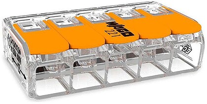 G-63139 : 63139 CONECTOR RÁPIDO COM ALA VANTA 5 CONDUTORES, Ø MÁXIMO 6 mm², 450 V, 41 A; TRANSPARENTE; 36 x 21,1 x 10,1 mm