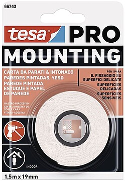 G-47265 : 47265 CINTA DOBRA FACE FIXAÇÃO PARA PAREDE PINTADA 1,5m x 19mm 66743 TESA
