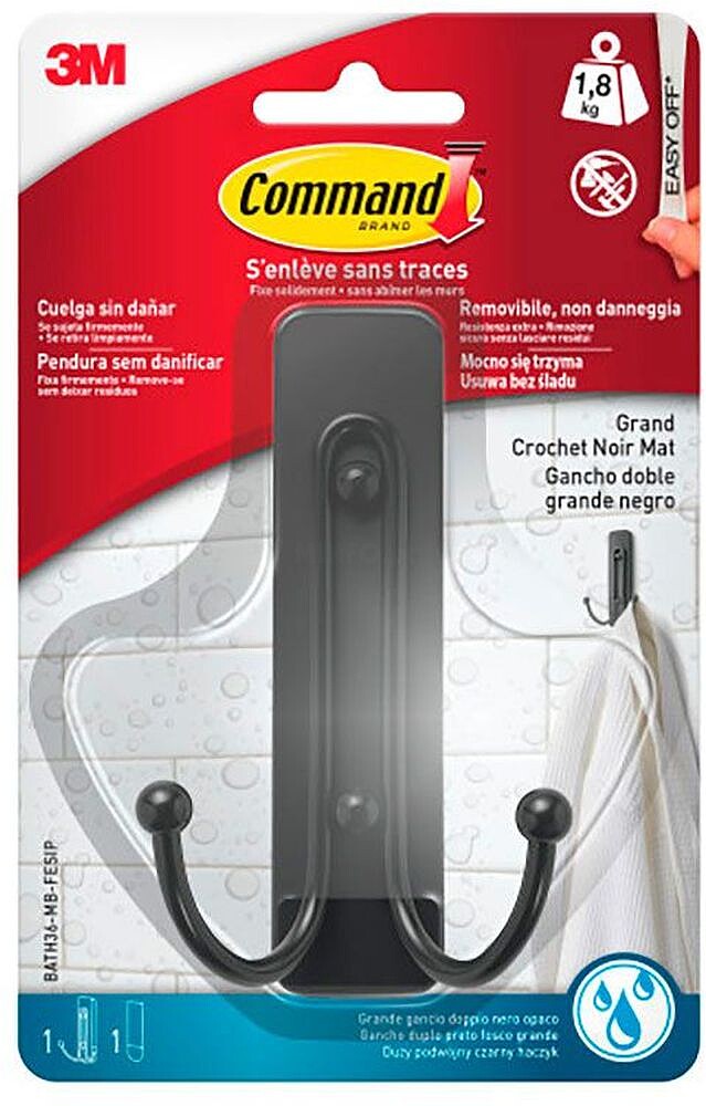 Command Gancho Duplo Grande para Limpeza - Resistente à Água - 1 Tira Adesiva - Suporta até 1,8kg - Cor Preto Fosco CO7100317339
