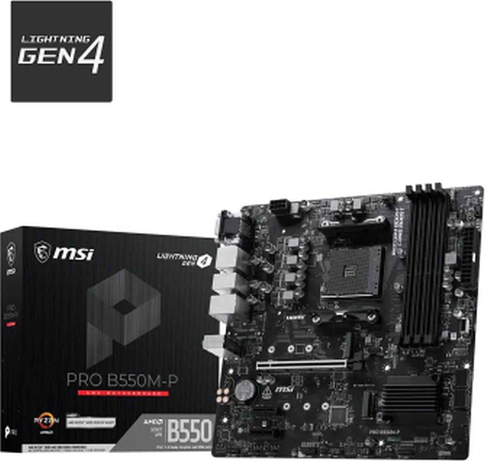 Placa Msi Pro B550M-P,AMD,AM4,B550,4DDR4,128GB,VGA+DVI+HDMI,GBLAN,4SATA3+M.2,6USB3.2,MATX 911-7C95-201