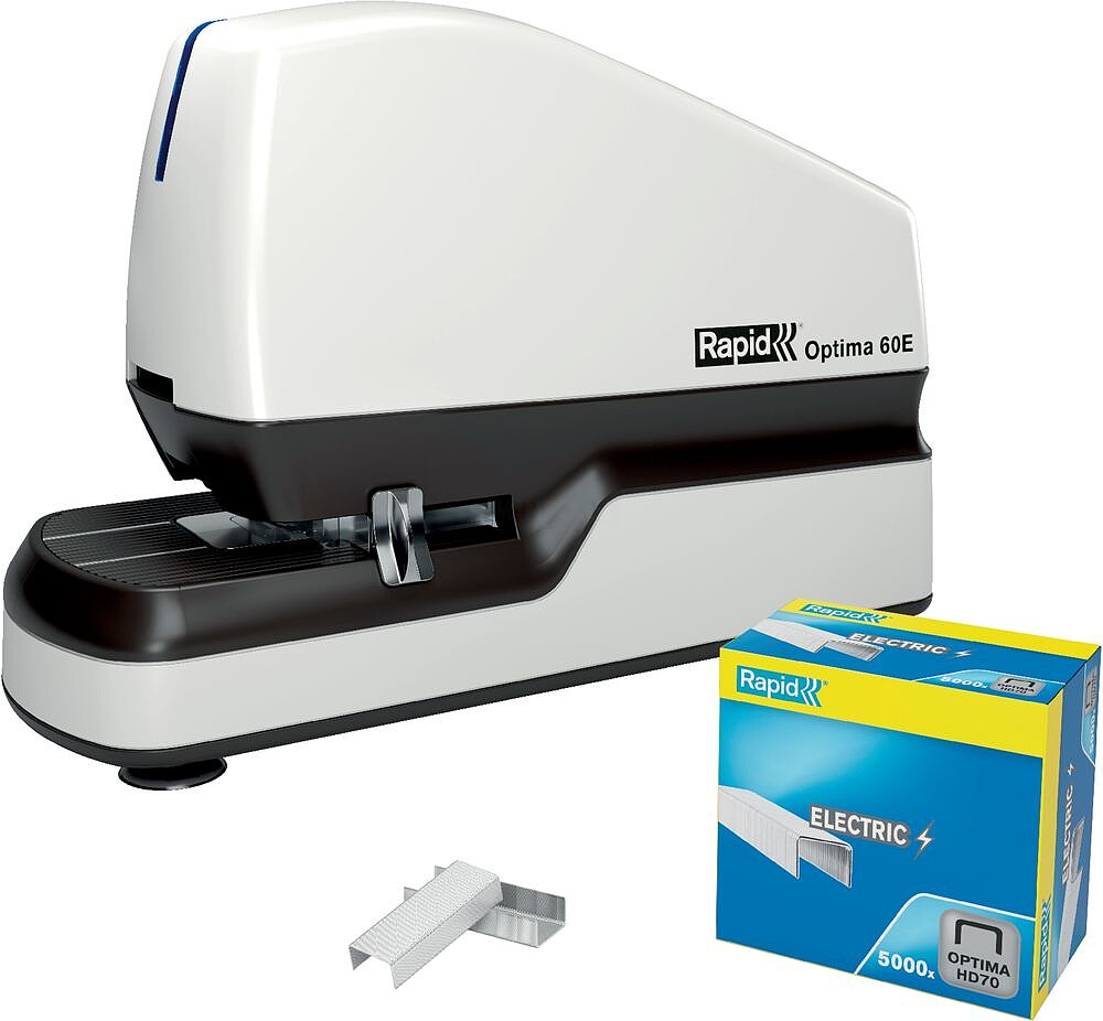Grampeador Elétrico Rapid Optima 60E de Mesa + Caixa com 5000 Grampas - Até 60 Folhas - Adaptador de Rede Incluído - Cor Branca