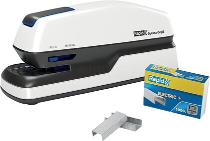 Rapid Optima GripE Agrafador Eléctrico de Mesa + Caixa de 1000 Grampas - Até 20 Folhas - Utiliza Grampas Optima 56 - Cor Cinzento/Preto 2102349