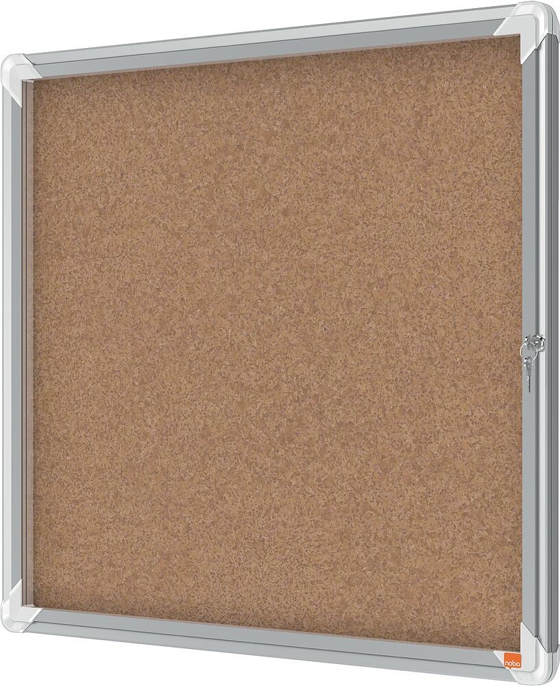 Vitrina Nobo para 6 folhas A4 com superfície de cortiça - 752x692x37mm - Porta de vidro de segurança - Moldura de alumínio - Cor natural