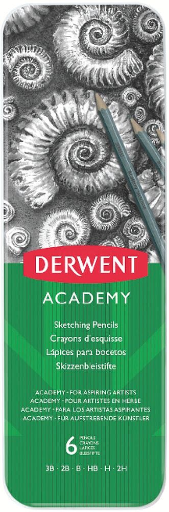 Conjunto de Esboço Derwent Academy com 6 Lápis de Grafite Hexagonais de Durezas Variadas - Ideal para Esboços - Corpos de Madeira Natural - Fáceis de Afiar - Resistentes a Quebras