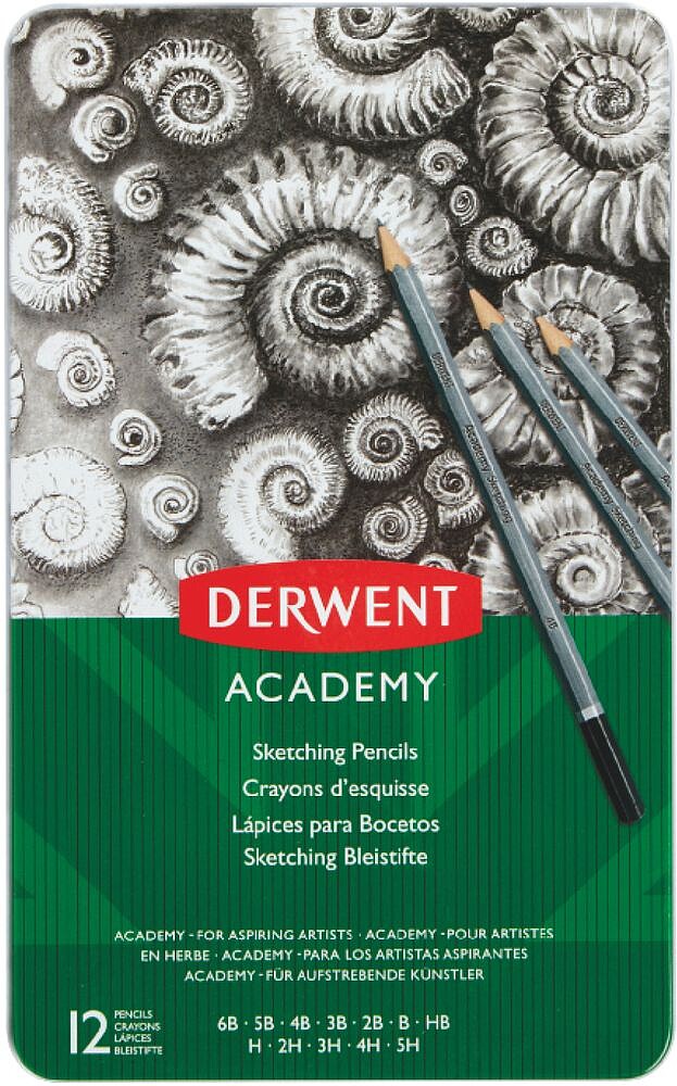 Conjunto de Desenho Derwent Academy com 12 Lápis de Grafite Hexagonais de Durezas Variadas - Ideal para Esboços - Corpos de Madeira Natural - Fáceis de Afiar - Resistentes a Quebras