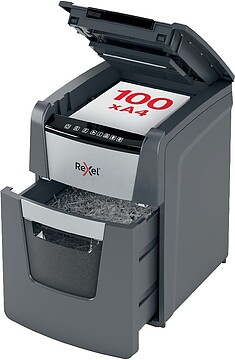 2020100XEU Rexel Optimum AutoFeed 100X Trituradora Automática de Corte em Partículas P-4 - Alimentação Automática 100 Folhas e Manual 8 Folhas - Capacidade do Cesto 34L - Cor Cinzento/Prata