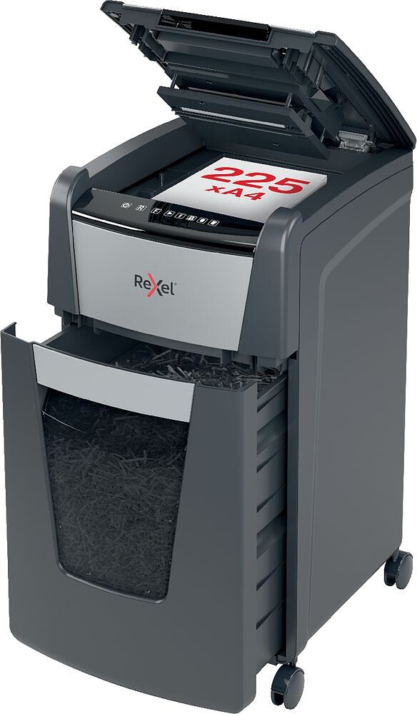 Rexel Optimum AutoFeed 225X Trituradora Automática Corte em Partículas P-4 - Autoalimentação 225 Folhas, Manual 10 Folhas - Anti-Emperramento - Cesto de 60L - Cor Cinza/Prata