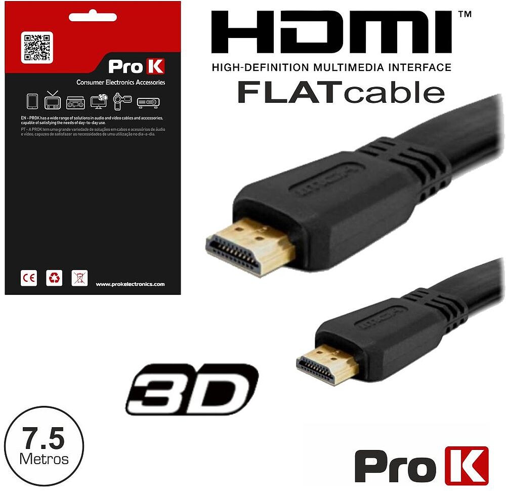 Cabo HDMI Flat Macho/ Macho 1.4 Preto 7.5M ProK G-CHDMI7AF
