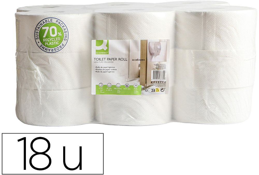 Papel higiénico q-connect jumbo industrial celulose virgem 15,5 g 2 folhas 87 mm x 125 m pacote de 18 rolos KF13774