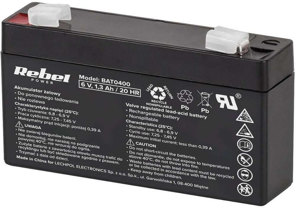 Bateria Chumbo 6V 1.3A REBEL BAT0400