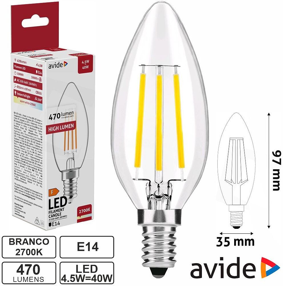 Lâmpada LED E14 Vela Filamento 4.5W 230V 2700K 470lm AVIDE ABLFC14WW-4.5W