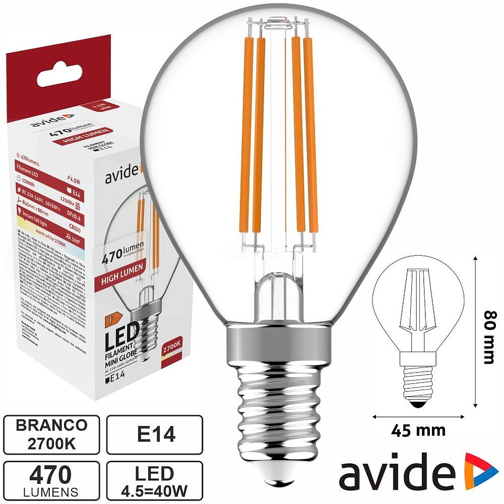 Lâmpada LED E14 Globo Filamento 4.5W 230V 2700K 470lm AVIDE ABLFMG14WW-4.5W
