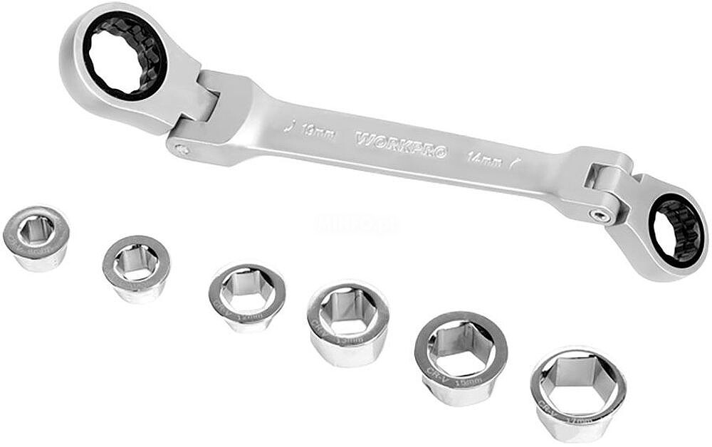 Chave de Estrela CR-V Dupla com Carraca Articulada, 6 Bocas Intercambiáveis, 14 x 19 mm, 7 Peças G-21604