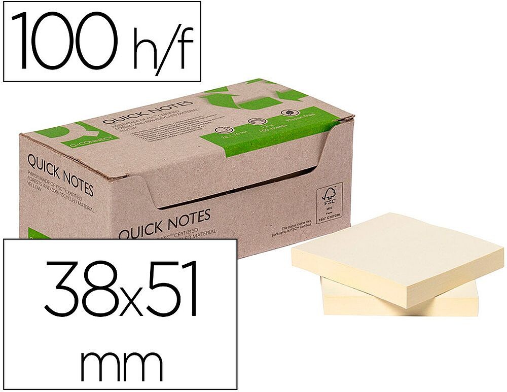 Bloco de notas adesivas q-connect 38x51 mm 100% papel reciclado amarelo caixa de cartao KF17323