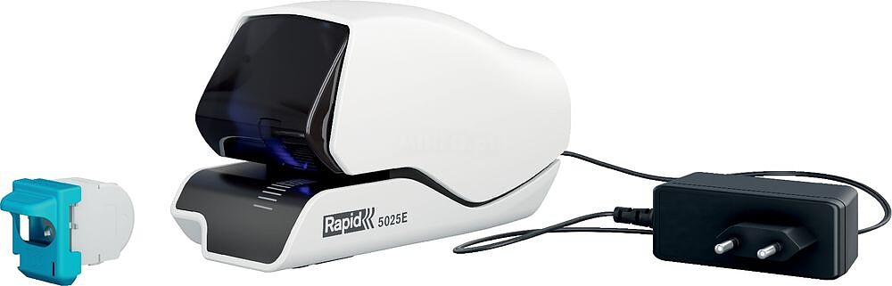 Grampeador Eléctrico Rapid Supreme 5025E - 25 Folhas - Recarga de Cartucho - Design Excepcional - Grampo Branco - Tecnologia de Grampeamento Plano - Cartucho Incluído - Tomada Europeia Padrão