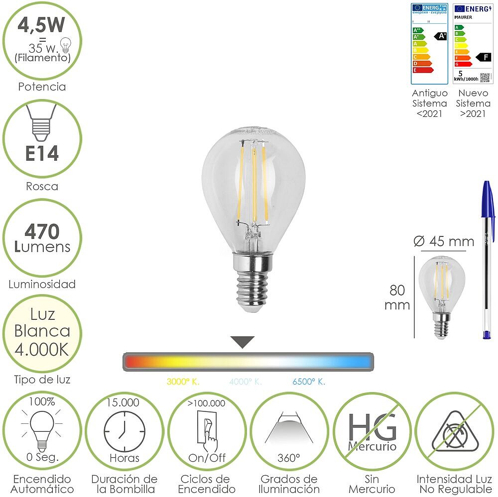 Lâmpada LED Filamento Globo Rosca E14. 4,5 Watt. Equivalente a 35 Watt. 470 Lumens. Luz Neutra 4000º K. Lâmpada LED Filamento Globo Rosca E14. 4,5 Watt. Equivalente a 35 Watt. 470 Lumens. Luz Neutra 4000º K