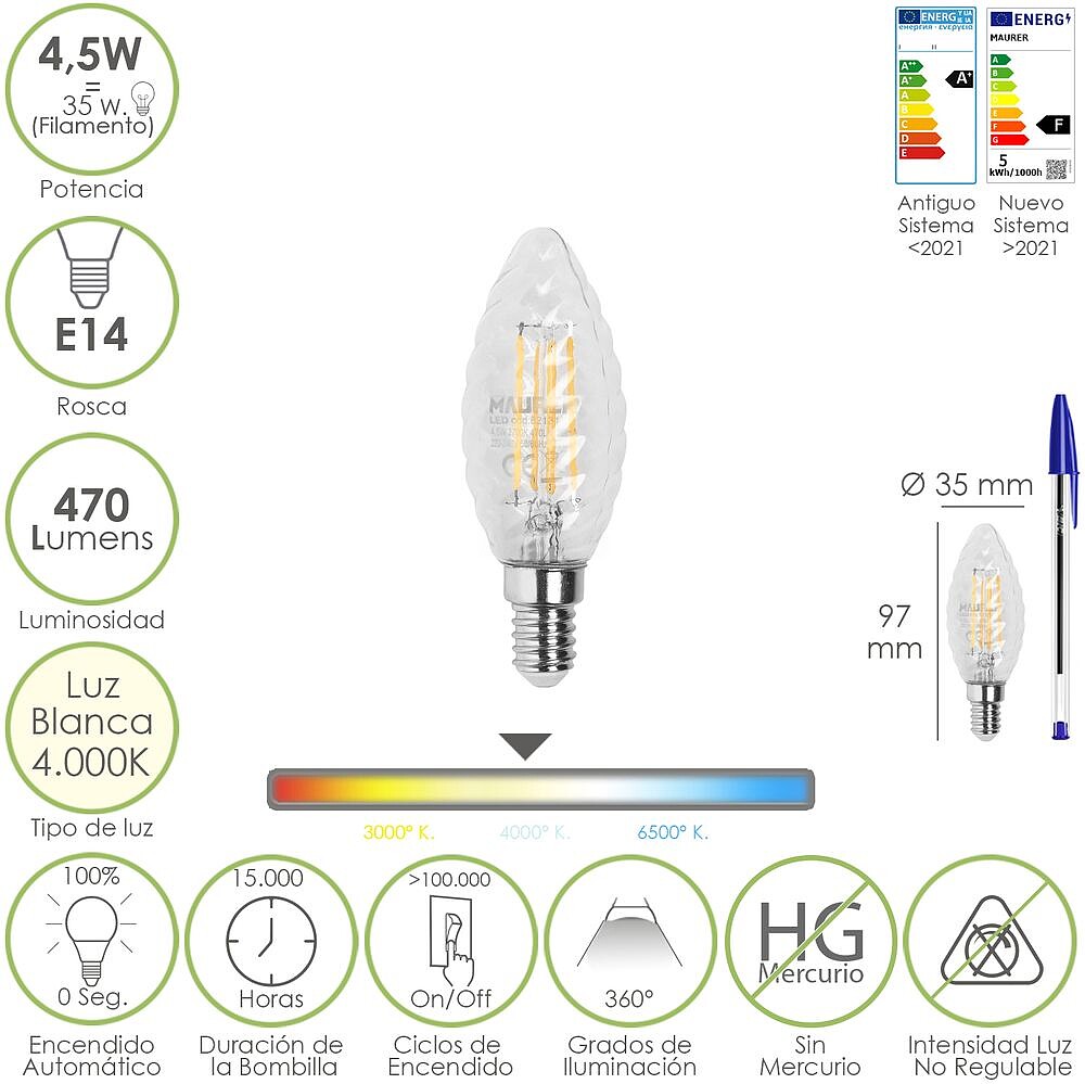 Lâmpada LED Filamento Vela Twist. E14. 4,5 Watt. Equivalente a 35 Watt. 470 Lumens. Luz Neutra 4000º K. Lâmpada LED Filamento Vela Twist. E14. 4,5 Watt. Equivalente a 35 Watt. 470 Lumens. Luz Neutra 4.000º K