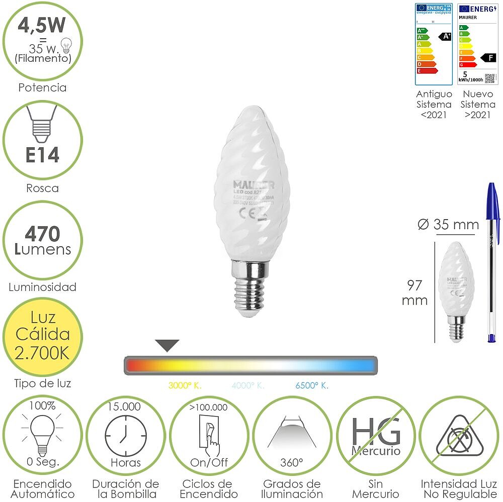 Lâmpada LED Filamento Vela Esmirilada E14. 4,5 Watt. Equivalente a 35 Watt. 470 Lumens. Luz QUENTE 2700º K. Lâmpada LED Filamento Vela Esmirilada E14. 4,5 Watt. Equivalente a 35 Watt. 470 Lumens. Luz QUENTE 2700º K