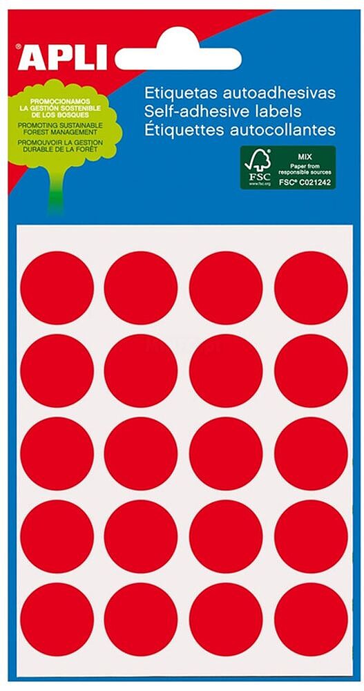 Apli Mini-bolsa de 100 Rótulos Redondos Ø 19mm - 5 Folhas por 20 Rótulos - Adesivo Permanente - Adequadas para Escrita com Lápis, Caneta e Estilete - Cor Vermelha