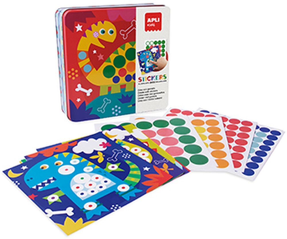Apli Kids Jogo de Gomets Dino - Inclui 8 Folhas Ilustradas - 8 Folhas de Gomets Removíveis - Caixa Metálica Exclusiva