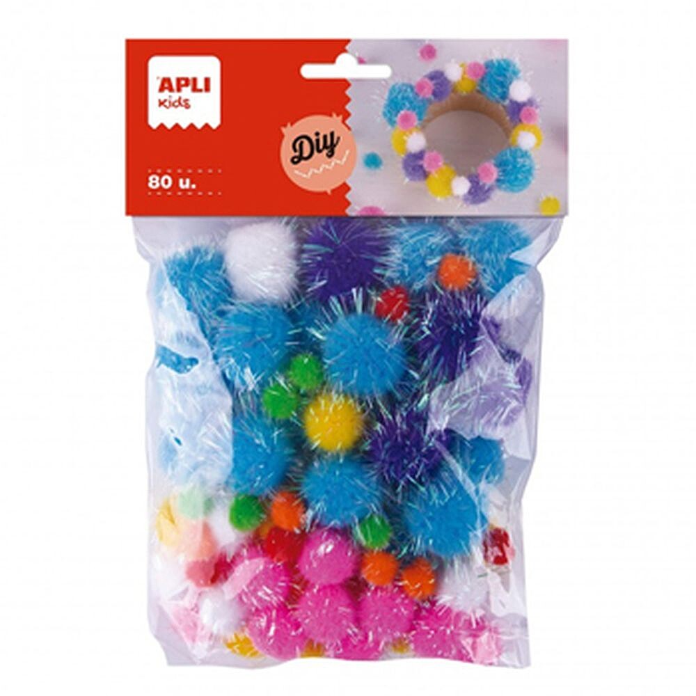 Apli Kids Sacola de 80 Pompons Glitter - Tamanhos 10mm, 20mm, 25mm - Cores Sortidas 19366