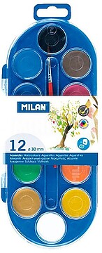 Estojo Milan de 12 Aquarelas Ø30 mm + Pincel Série 101 - Misturáveis - Cores Sortidas 80011