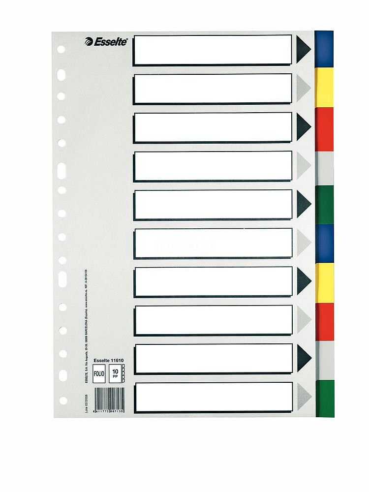 Esselte 713 Saco de 10 Separadores de Plástico - 10 Abas/ 5 Cores - Multiperfuração - Formato Folho 11610