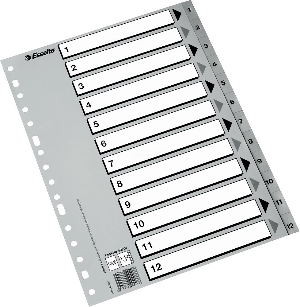 Esselte Índice Numérico de Plástico - Abas 1 a 12 - Multifurão - Formato Folho - Cor Cinzento 49207