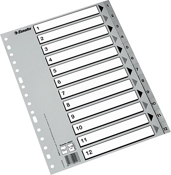 Esselte Índice Numérico de Plástico - Abas 1 a 12 - Multifurão - Formato Folho - Cor Cinzento 49207