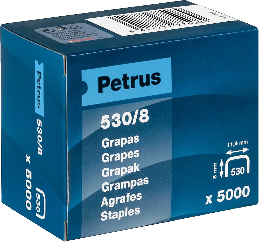 Caixa de 5000 Grapas Petrus 530/8 Cobreadas para Clavadora - Patilha de 8mm 77508