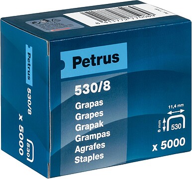 Caixa de 5000 Grapas Petrus 530/8 Cobreadas para Clavadora - Patilha de 8mm 77508
