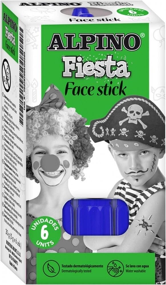 Alpino Fiesta Face Stick Pack com 6 Barrinhas de Pintura Facial - Sistema Retrátil Giratório - Lava-se com Água - Testado Dermatologicamente - Cor Azul DL000089