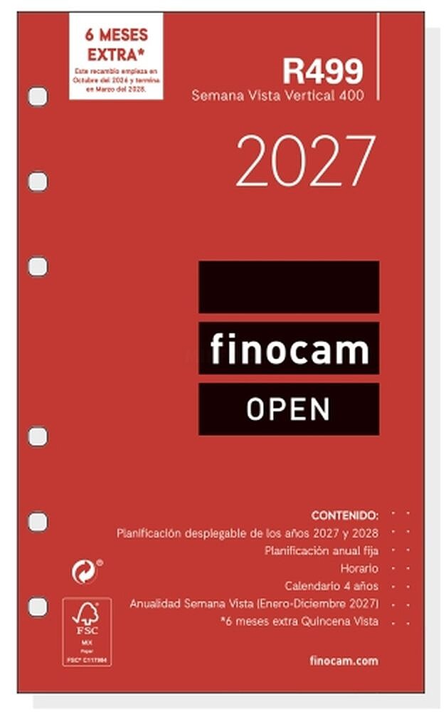 Finocam R499 Recarga para Agenda Open - Anual 2027 - Semana Vista Vertical - Formato 400 - 91x152mm - 6 Furos - Papel de 80g/m2 - Cor Branco 711510027