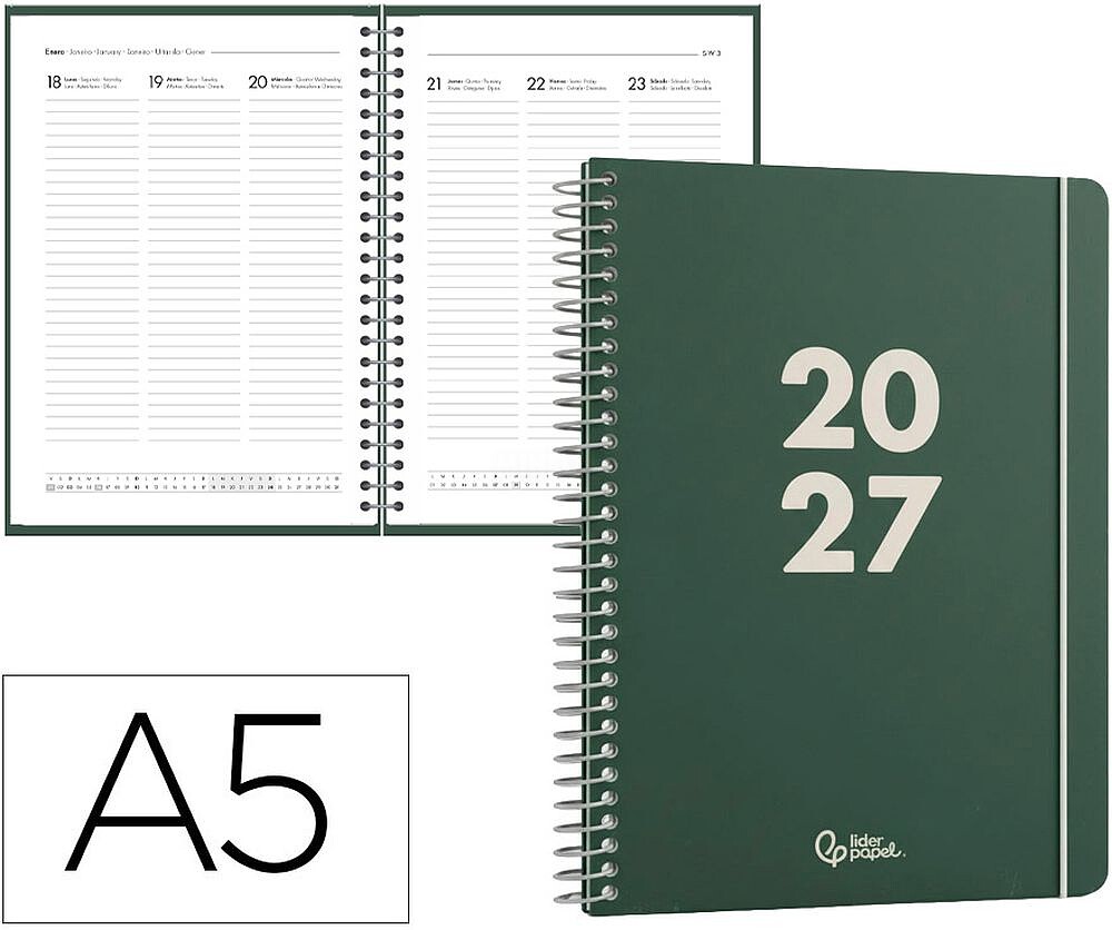 Agenda de escritório liderpapel 2027 espiral basic semana à vista a5 bilíngue papel 60g fsc design 4