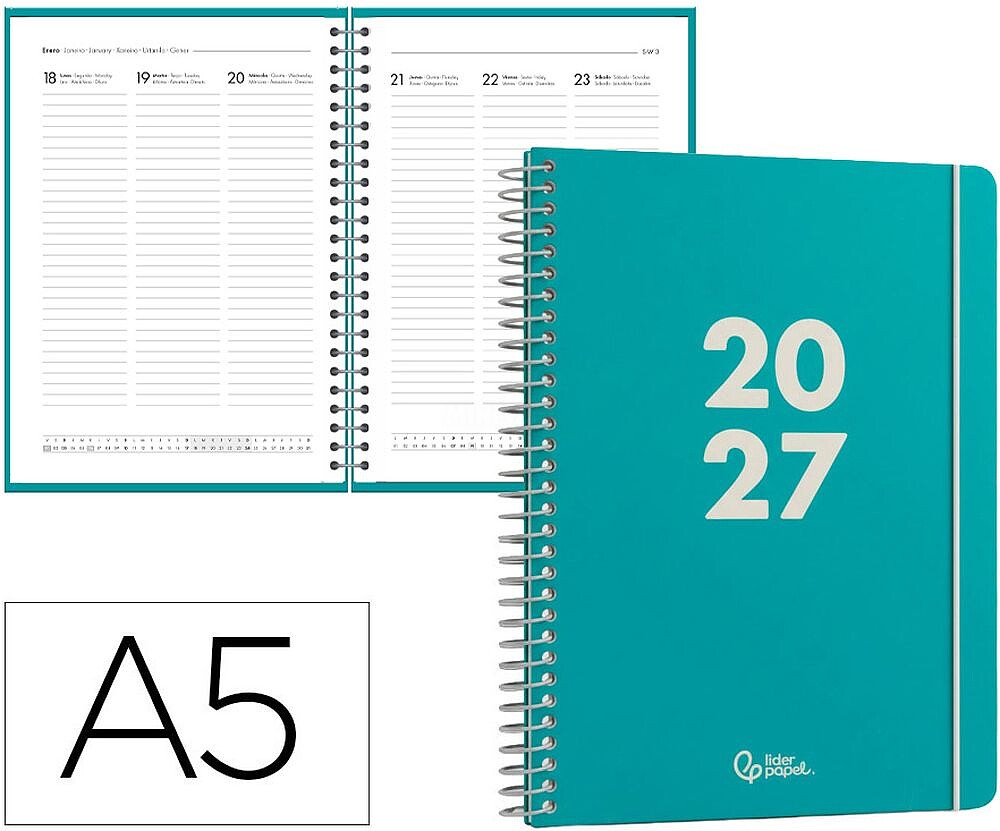 Agenda de escritório liderpapel 2027 espiral basic semana à vista a5 bilíngue papel 60g fsc design 5